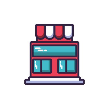 Beyaz arka planda çizgili çadırlı dükkan önü