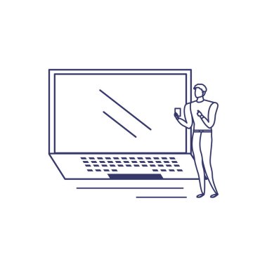 Beyaz arka planda dizüstü bilgisayarı olan bir adamın silueti