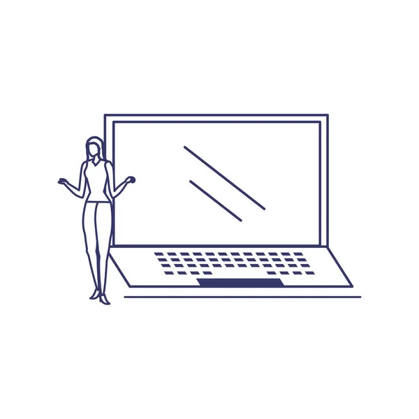 Silhueta de mulher com laptop em fundo branco —  Vetores de Stock