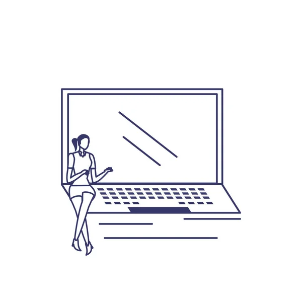 Silhueta de mulher com laptop em fundo branco — Vetor de Stock