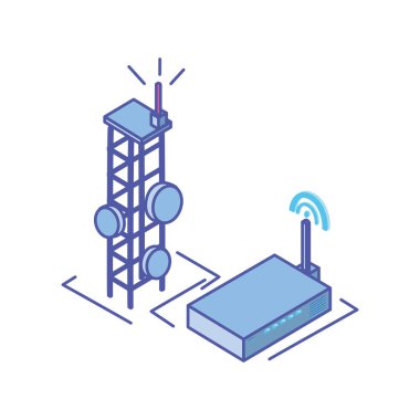 Beyaz arka planda kablosuz yönlendiricisi olan telekomünikasyon kulesi.