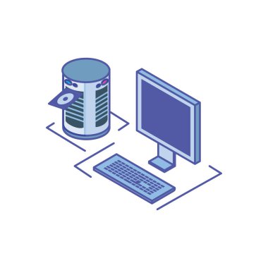 klavye ve sunucu ekipmanlı masaüstü bilgisayar ekranı