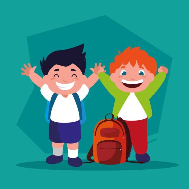 Okul malzemesi taşıyan öğrenci çocuklar, okula dönün.