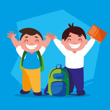 Okul malzemesi taşıyan öğrenci çocuklar, okula dönün.