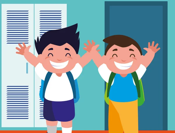 Studenti ragazzi nel corridoio della scuola con armadietti, torna a scuola — Vettoriale Stock