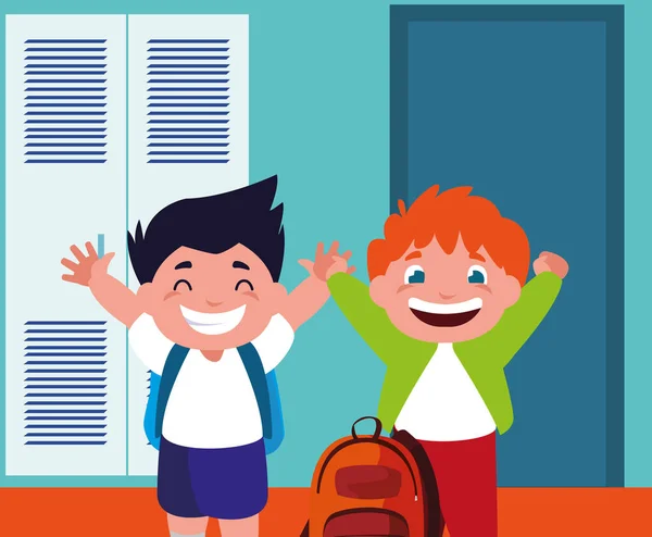 Étudiants garçons dans le couloir de l'école avec casiers, retour à l'école — Image vectorielle