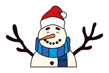 Beyaz arka planda şapkası ve atkısı olan sevimli kardan adam.