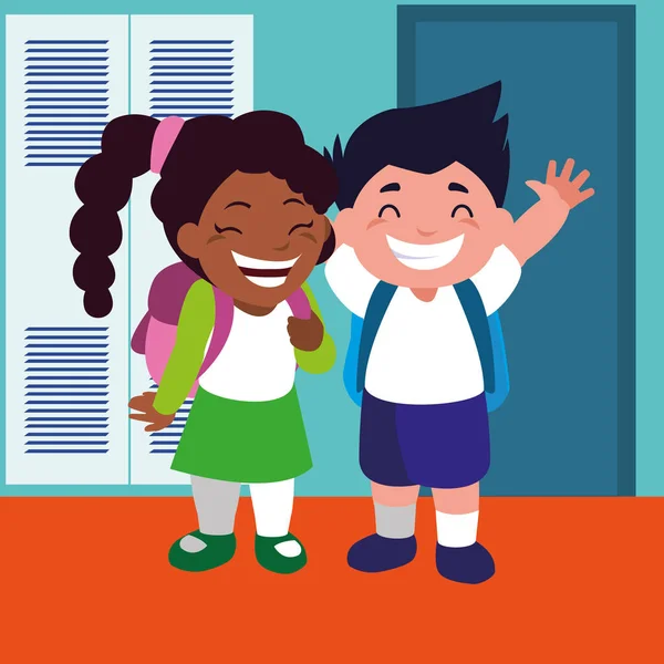 Couple d'élèves dans le couloir scolaire avec casiers, retour à l'école — Image vectorielle