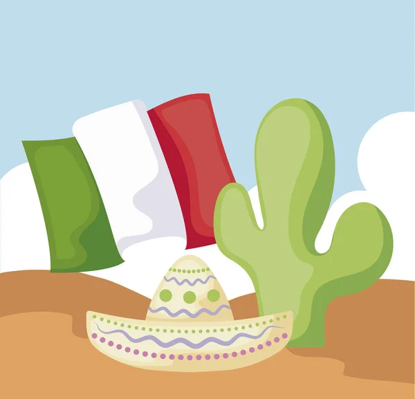 Cactus con sombrero mexicano y desierto en el fondo — Vector de stock