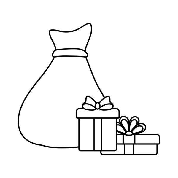 하얀 배경에 있는 산타클로스의 선물을 가득 담은 빨간 가방 — 스톡 벡터