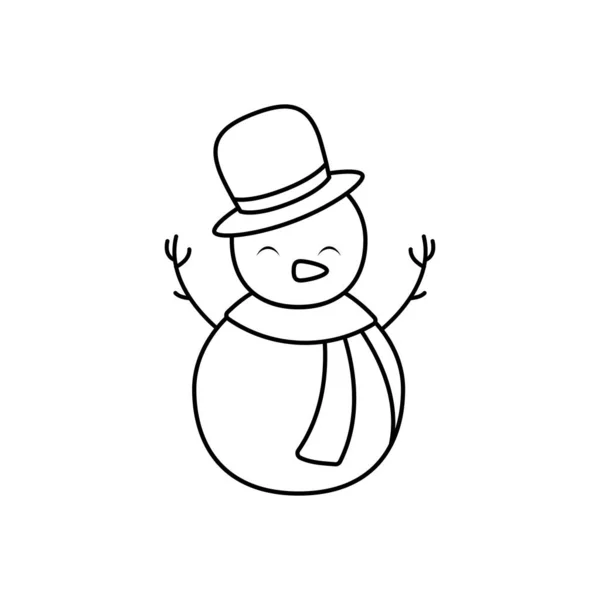 Niedlicher Schneemann mit Hut und Schal auf weißem Hintergrund — Stockvektor