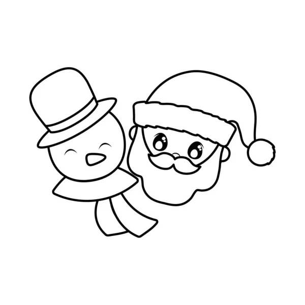 Kopf des Weihnachtsmannes und Schneemann auf weißem Hintergrund — Stockvektor