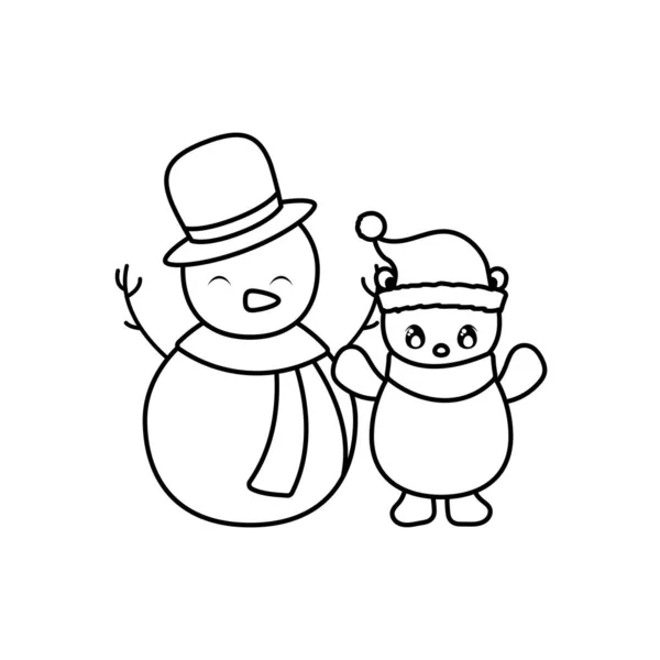 Schneemann und Eisbär mit Mütze und Schal auf weißem Hintergrund — Stockvektor