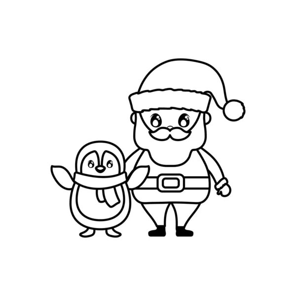Weihnachtsmann mit Pinguin auf weißem Hintergrund — Stockvektor