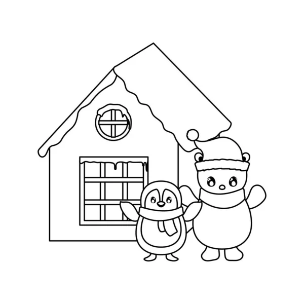 Pinguin und Eisbär mit Familienhaus im Hintergrund — Stockvektor