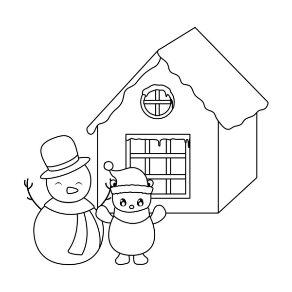 Снеговик и белый медведь с домом на заднем плане — стоковый вектор