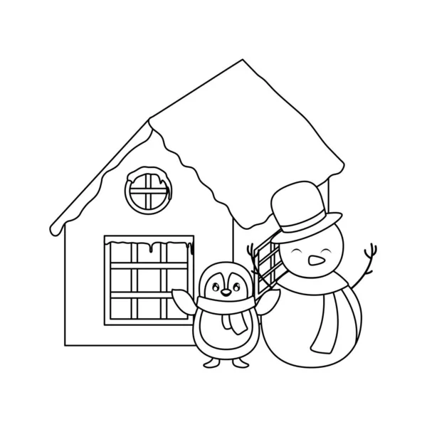 Pingüino y muñeco de nieve con casa familiar de fondo — Vector de stock