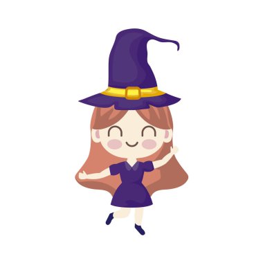 Beyaz arka planda cadı kılığında bir kız.