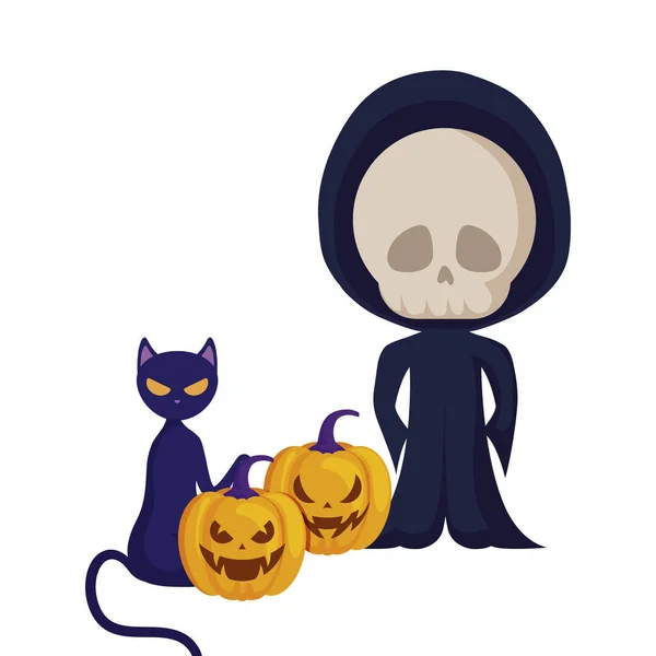 Chlapec maskovaný jako lebka mrtvá ikonami Halloweenu — Stockový vektor