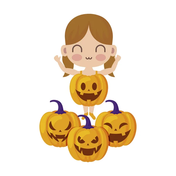 Dívka maskovaná jako dýně s ikonami na Halloween — Stockový vektor