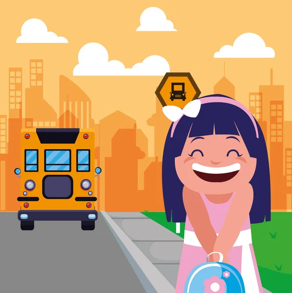 Estudiante chica en la parada de autobús con fondo de la ciudad — Vector de stock
