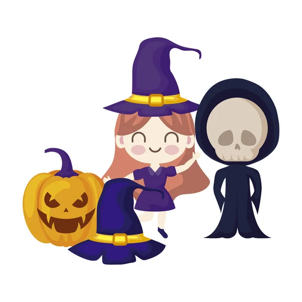 Niños lindos disfrazados con iconos halloween — Vector de stock