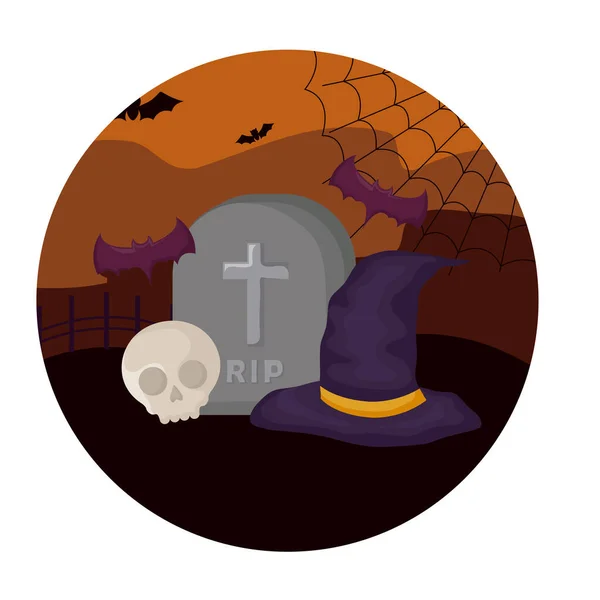 Scena della lapide del cimitero con le icone di Halloween — Vettoriale Stock