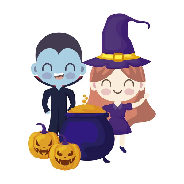 Rozkošné děti maskované ikonami Halloween — Stockový vektor