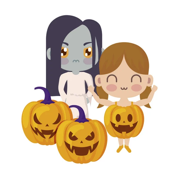 Crianças bonitos disfarçados com ícones halloween —  Vetores de Stock