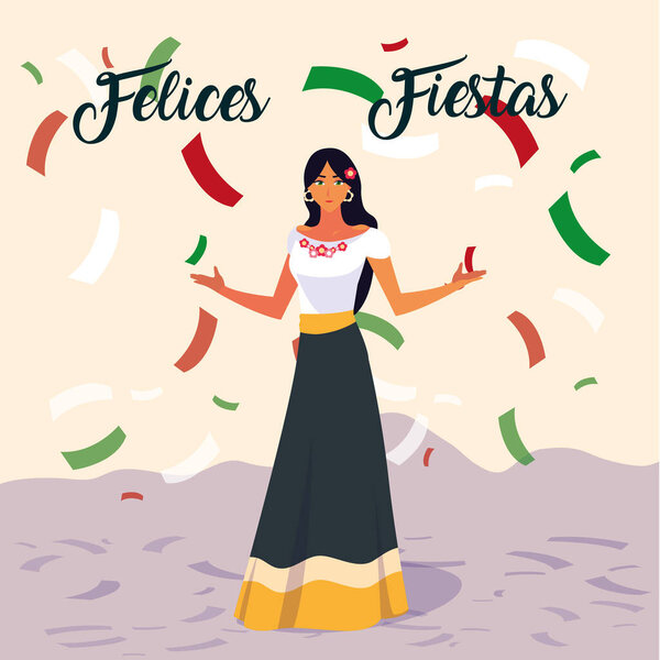 felices fiestas label with woman with mexican typical costume