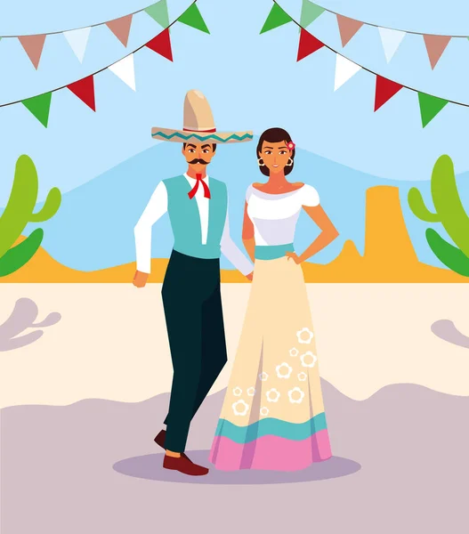 Пара человек в типичных мексиканских костюмах — стоковый вектор