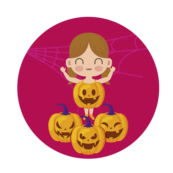 Menina disfarçada como uma abóbora com ícones halloween — Vetor de Stock