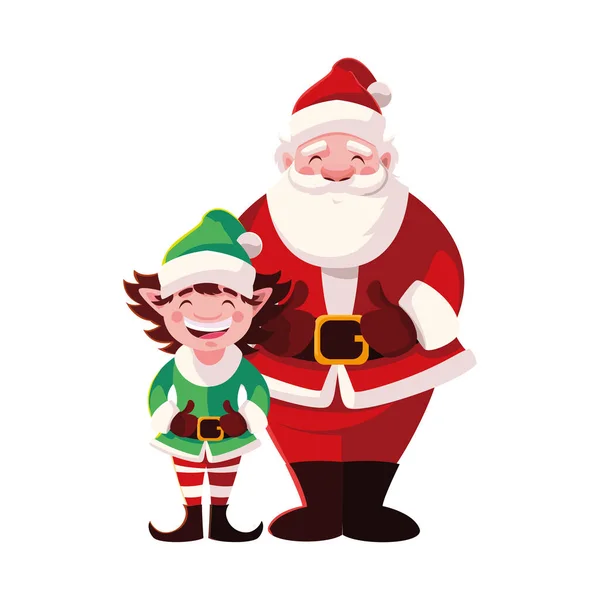 Santa claus and elf with hat on white background — Stock Vector