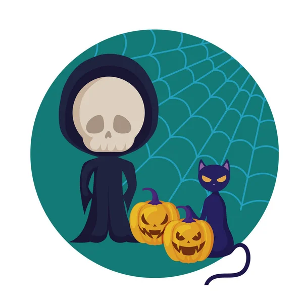 Chlapec maskovaný jako lebka mrtvá ikonami Halloweenu — Stockový vektor