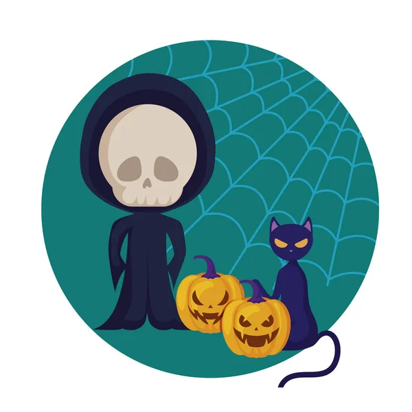 Chico disfrazado como un cráneo muerto con iconos halloween — Archivo Imágenes Vectoriales