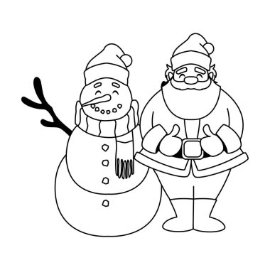 Beyaz arka planda kardan adam olan Noel Baba.