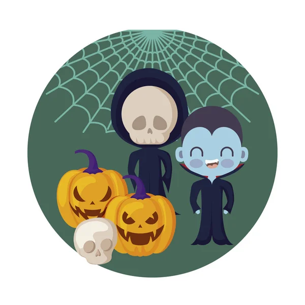 Scène van kinderen vermomd met pictogrammen Halloween — Stockvector