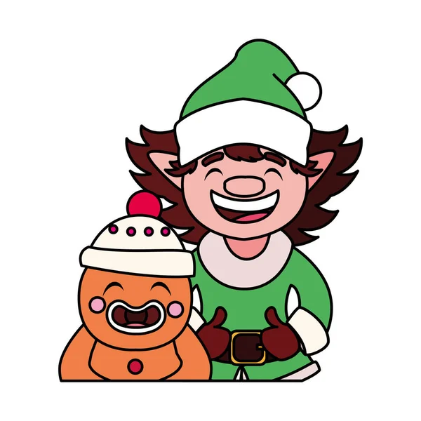 Gingerbread man and elf with hat in white background — Stock Vector
