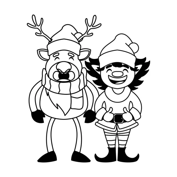 Reindeer and elf with hat on white background — Stock Vector