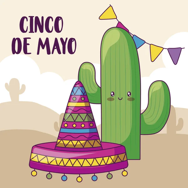 Лейбл cinco de mayo с кактусом и мексиканской шляпой — стоковый вектор