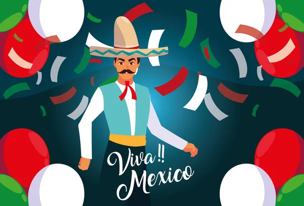 Viva Mexico Label mit Mann in mexikanischer Tracht — Stockvektor