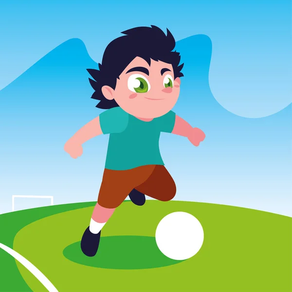 Cute boy playing soccer outdoors — Stock Vector