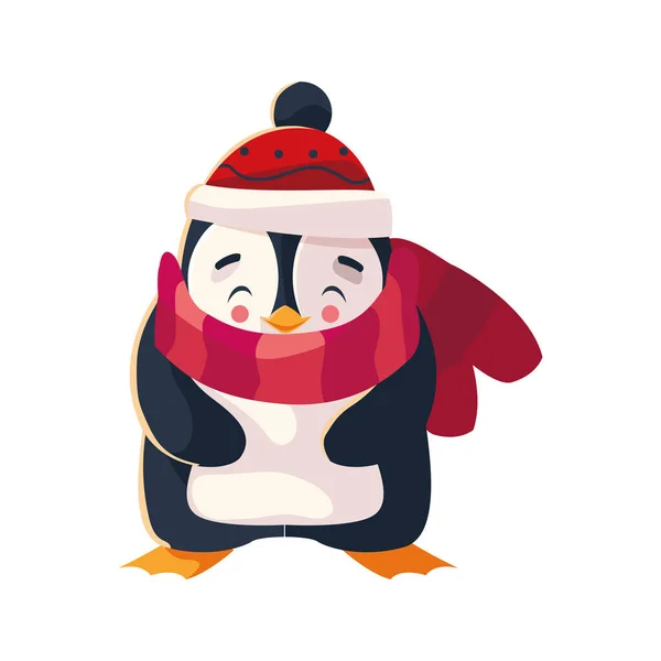 Pinguin mit Hut und Schal auf weißem Hintergrund — Stockvektor