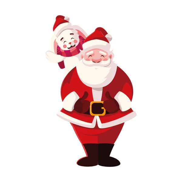 Coelho e santa claus com chapéu de natal em fundo branco — Vetor de Stock