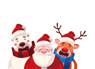 Noel Baba ve beyaz arka planda hayvanlar olan Noel kartı.
