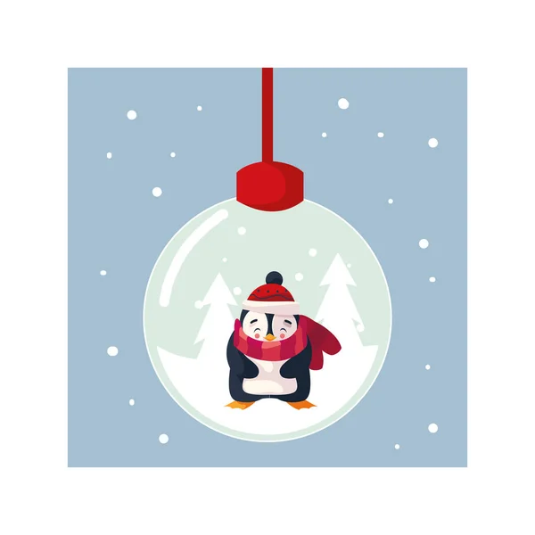 Linda bola de Navidad con pingüino en el paisaje de invierno — Vector de stock