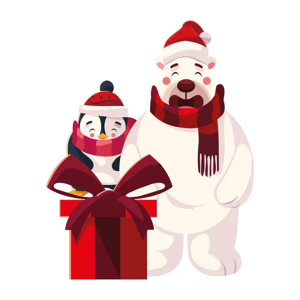 Oso polar y pingüino con caja de regalo sobre fondo blanco — Vector de stock