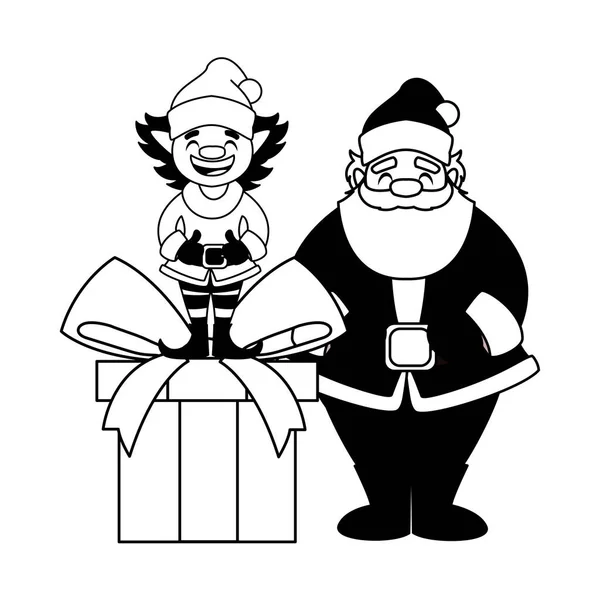 Santa claus e elfo com caixa de presente sobre fundo branco —  Vetores de Stock