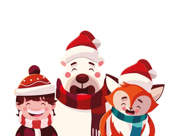 Kort av jul med pojke och djur i vit bakgrund — Stock vektor