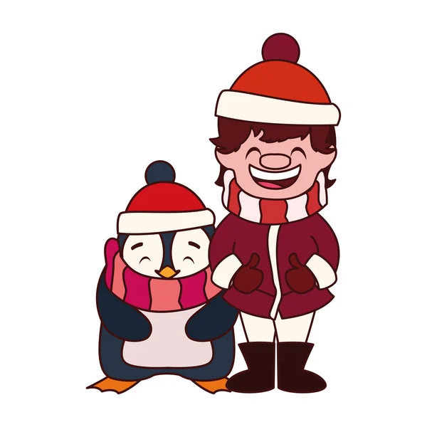 Boy and penguin with hat and scarf in white background — Stock Vector